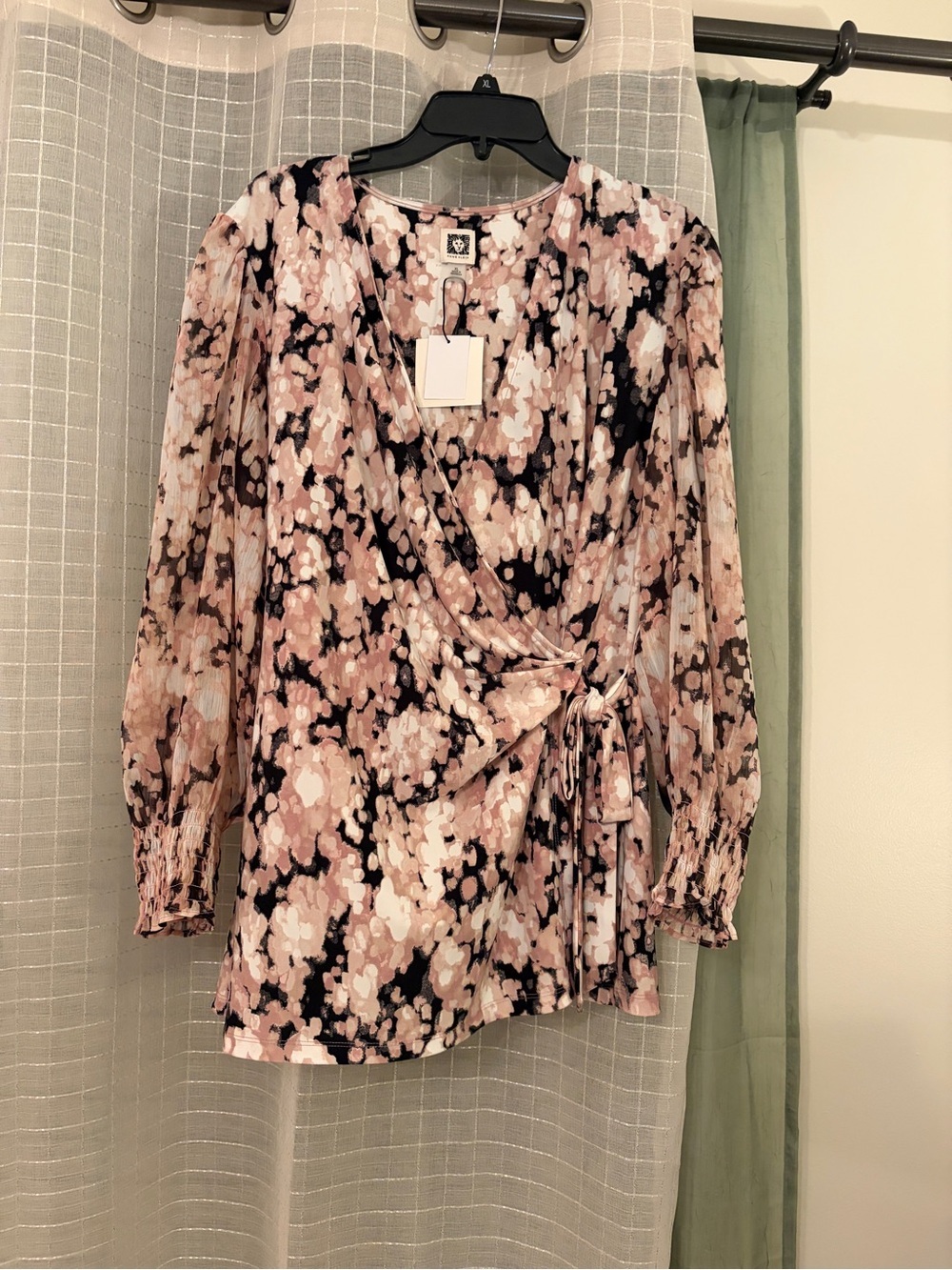 Anne Klein Pink and Black Floral Wrap-Style Top